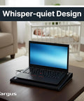 17 Inch Dual Fan Laptop Chill Mat With Soft Neoprene Surface under a laptop on a coffee table, quiet cooling design, indoor setting