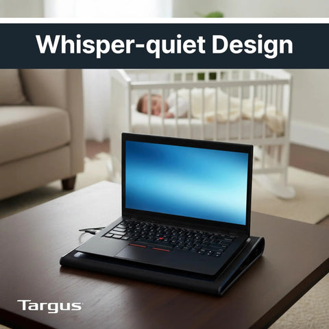17 Inch Dual Fan Laptop Chill Mat With Soft Neoprene Surface under a laptop on a coffee table, quiet cooling design, indoor setting