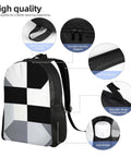 Clean Black And White Piano Grid Print Travel Backpack With Bold Front Art, Dope Laptop Daypack For Daily Commute And Fitness Trips showcasing reinforced top handle and durable zippers.