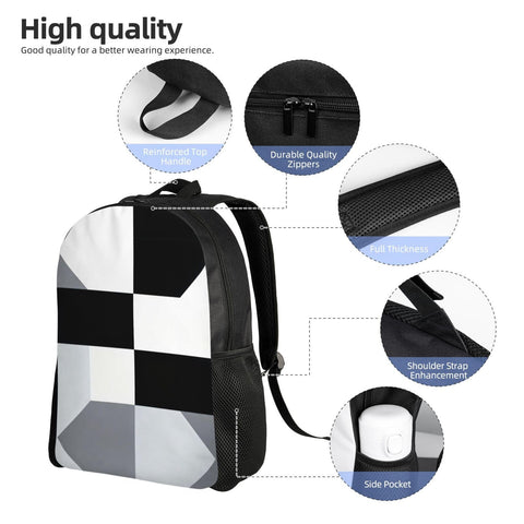Clean Black And White Piano Grid Print Travel Backpack With Bold Front Art, Dope Laptop Daypack For Daily Commute And Fitness Trips showcasing reinforced top handle and durable zippers.