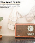 Retro Wood Bluetooth Radio With Built In Speakers And Wireless Streaming Walnut Finish, Vintage Vibe With Rotary AM FM Tuning Dial