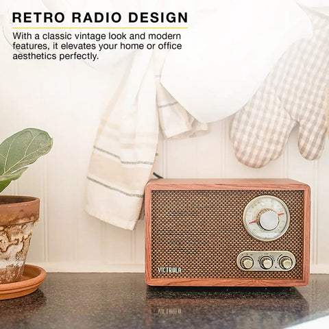 Retro Wood Bluetooth Radio With Built In Speakers And Wireless Streaming Walnut Finish, Vintage Vibe With Rotary AM FM Tuning Dial