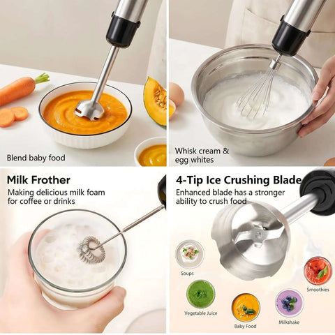 Heavy Duty Kitchen Workhorse 1000W Handheld Immersion Blender Featuring Slick Stainless Steel Shaft and Whisk Kit in use blending baby food.