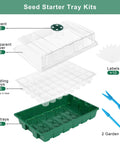 Image of Six Pack Seed Starter Tray Kit with forty cell trays, humidity dome, base, propagator; includes air vents, labels, tools.