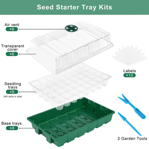 Image of Six Pack Seed Starter Tray Kit with forty cell trays, humidity dome, base, propagator; includes air vents, labels, tools.