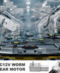 Heavy Duty DC Six Volt Worm Gear Motor Providing Ninety Rpm Low Speed And Beefy High Torque Via Fourteen Millimeter D Shaft with robotic arms in assembly line.