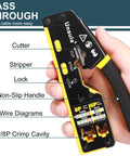 All In One RJ45 Pass Through Ethernet Crimp Tool Kit For Cat5 Cat5e Cat6 Cables RJ11 RJ12 Compatible With Wire Stripping Cutting And Crimping Heavy Duty Aluminum Crimper Ideal For Home Office DIY Network Installations showing close-up of tool features