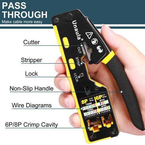 All In One RJ45 Pass Through Ethernet Crimp Tool Kit For Cat5 Cat5e Cat6 Cables RJ11 RJ12 Compatible With Wire Stripping Cutting And Crimping Heavy Duty Aluminum Crimper Ideal For Home Office DIY Network Installations showing close-up of tool features