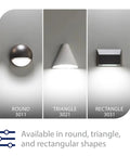 Round, triangle, and rectangle 12V LED lights on display for deck and patio, bronze finish with warm 3000K glow, IP66 rated.