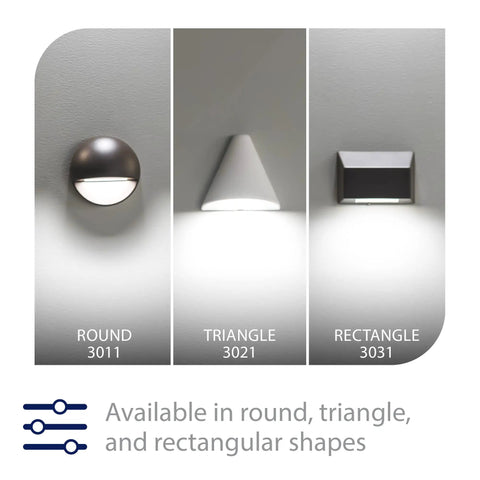 Round, triangle, and rectangle 12V LED lights on display for deck and patio, bronze finish with warm 3000K glow, IP66 rated.