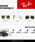Front, side, and top views of Marshal II Geometric Aviator Sunglasses With Gold Frame And G15 Green Lenses, 52MM, Unisex.