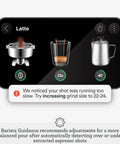 Oracle Jet Semi Automatic Espresso Machine Featuring Precise Heat Control, showing latte preparation screen with grind advice.