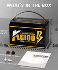 12V 100Ah LiFePO4 battery with built-in 100A BMS Group 31 shown with accessories for marine RVs and home energy storage