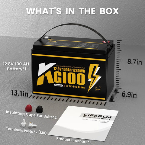 12V 100Ah LiFePO4 battery with built-in 100A BMS Group 31 shown with accessories for marine RVs and home energy storage
