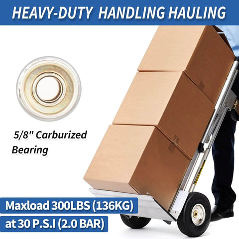 Two Pack 10 Inch Pneumatic Tire And Wheel Set For Hand Trucks And Garden Carts 4.10/3.50-4 With 2.25 Inch Offset Hub And 5/8 Inch Axle Bore Sealed Bearings Replacement Wheel Kit For Dolly Wagon And Utility Cart displayed on hand truck with boxes