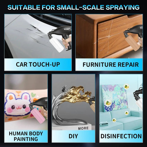 Lionbow Handheld Electric Paint Sprayer Gun High Power Portable Cordless With 4 Adjustable Gears For Cars Furniture Fence And Gardens Ideal DIY Projects in action, showing car touch-up and furniture repair.