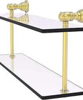 Carolina Collection 16 Inch Two Tier Glass Shelf Satin Brass With Concealed Mounting Hardware Space Saving Bathroom Wall Organizer Classic Brass Finish For Showers, Countertops, And Small Spaces