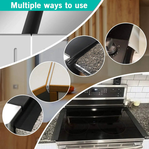 25 Inch Silicone Gap Filler For Stove And Counter High Heat Resistant Kitchen Gap Cover Matte Black Dishwasher Safe Easy Clean No Mess Between Stove And Counter shown in use between stove and counter.