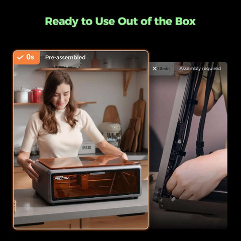 Creality Falcon A1 laser engraver with orange enclosure on countertop; front view