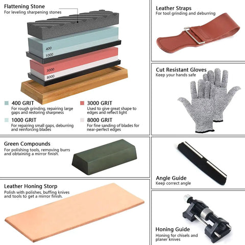 Go To Knife Sharpener Stone Set With Four Grit Waterstones 400 1000 3000 8000 Non Slip Bamboo Base Leather Razor Strop
