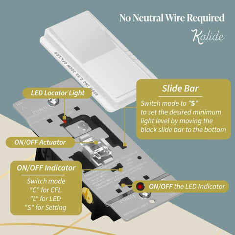 Kalide Dimmer Paddle Light Switch For LED And CFL, 300W Dimmable, 3 Way, Neutral Wire Not Required, internal components view