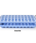 Side view of Six Pack Plastic Test Tube Holder Rack With Silicone Pad For 5 10 15 Milliliter Tubes 18 mm Hole Diameter Blue