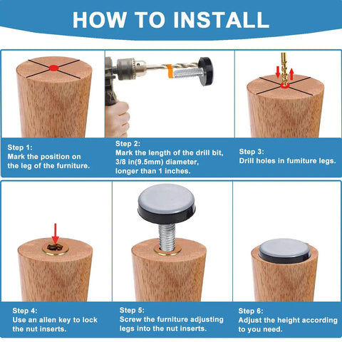 Quarter Inch Threaded Leveling Feet With PTFE Bottom For Carpets And Hardwood Floors, Adjustable Furniture Glides, installation guide