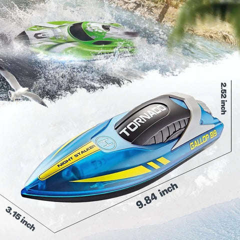 Blue and green RC Boat With LED Lights For Kids Two Point Four Gigahertz Remote Control Racing Toy For Ages Eight To Twelve Perfect For Pools And Lakes Waterproof With Rechargeable Battery Dope Water Adventures For Boys And Girls