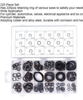 Open box with 225 Piece C Clip Circlip Snap Ring Retaining Fastener Set for machinery, rubber alloy steel black, 6mm to 32mm.
