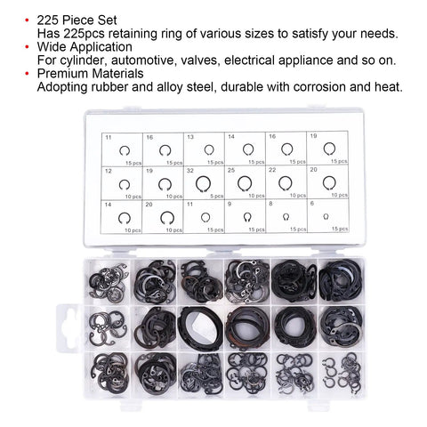 Open box with 225 Piece C Clip Circlip Snap Ring Retaining Fastener Set for machinery, rubber alloy steel black, 6mm to 32mm.