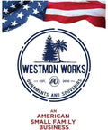 Westmon Works logo with American flag, ornaments and souvenirs, American small family business est. 2010.