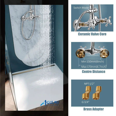 Polished Chrome Shower Faucet System With 8 Inch Rainfall Head 12 Inch Extension Tube Handheld Spray Dual Knobs Mixer Wall Mount