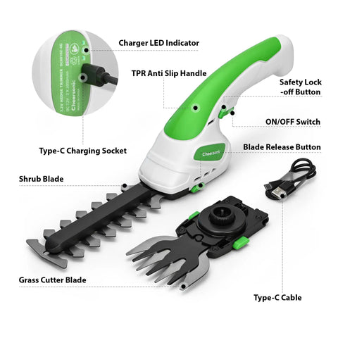 Go To 2 In 1 Grass Shear And Hedge Trimmer For Small Bushes And Lawns Cordless Handheld Electric Tool with blades details
