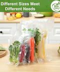 Precut Food Saver Vacuum Bags 150 Pcs Set for Meal Prep and Sous Vide, showing various sizes filled with vegetables.