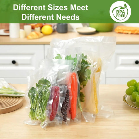 Precut Food Saver Vacuum Bags 150 Pcs Set for Meal Prep and Sous Vide, showing various sizes filled with vegetables.