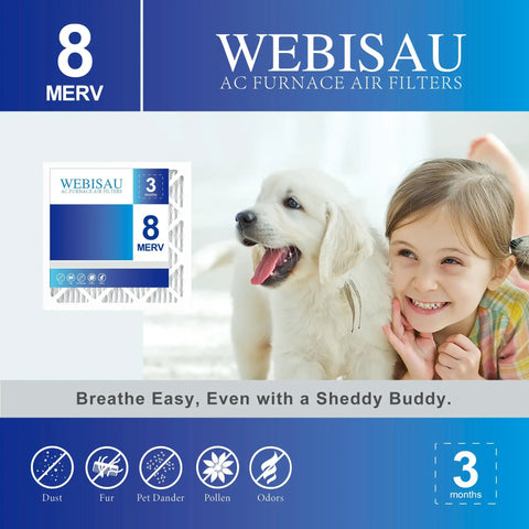 Four Pack Pleated Air Filters 14x14x1 MERV 8 MPR 600 for Furnace HVAC AC Replacement, girl with dog, air filter package