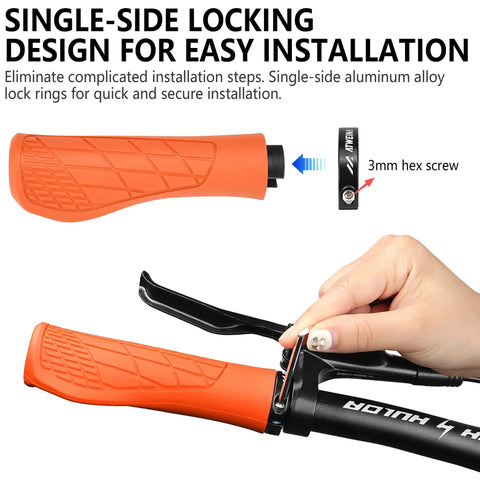 Ergonomic Lock On Mountain Bike Grips With Dual Density Silicone Cushion Shock Absorbing 3D Non Slip Pattern Aluminum Clamp installation