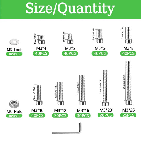 Massive M3 Screws Set 915 Pieces showing nine sizes from M3x4 to M3x25mm with nuts and lock washers included