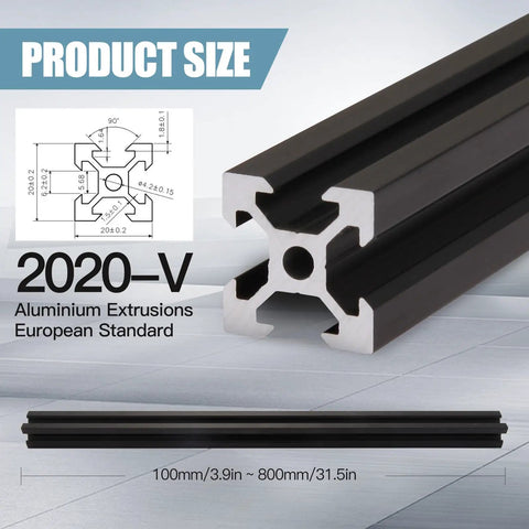 4 Pack 200mm V Slot 2020 Aluminum Extrusion European Standard Anodized Black Linear Rail For 3D Printer Parts And CNC DIY 7.9 Inch Build Kit Beefy Heavy Duty For Stable Precision And Easy Mounting In Your DIY 3D Printer And CNC Setup, angled view