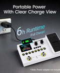 Dual Stomp Multi Effects Guitar Pedals Dope Rechargeable Processor with display showing 6h runtime, plugged into wall socket
