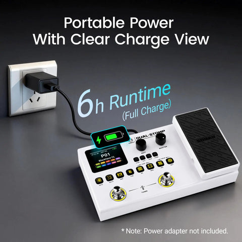 Dual Stomp Multi Effects Guitar Pedals Dope Rechargeable Processor with display showing 6h runtime, plugged into wall socket