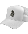 Cool White Trucker Hat For Machinist Guys Featuring Vise Gauge Square Design And Cnc Tool Edge Print With Adjustable Mesh Back For Perfect Fit All Day.