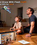 Father and son playing with Mini Stunt RC Plane Drone With LED Lights, 2.4GHz Remote, indoors, smiling on living room floor.