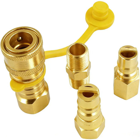 Three Eighths Inch Natural Gas Quick Connect Fittings Kit with brass adapters and yellow cap, plug and play ready