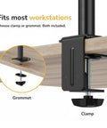 Heavy Duty Dual Monitor Arm Desk Mount For Two Screens 13 To 32 Inches Vesa Compatible Clamp and grommet options detailed