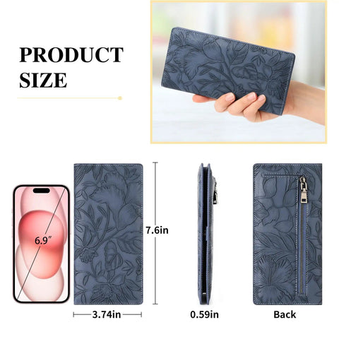 MULE Ultra Slim Wallet For Women Bifold Leather RFID Blocking Designer Card Holder with Microfiber Leather in blue floral design.