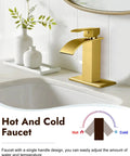 Gold Waterfall Bathroom Faucet With Pop-Up Drain, 304 Stainless Steel Sink Faucet on white countertop, side view