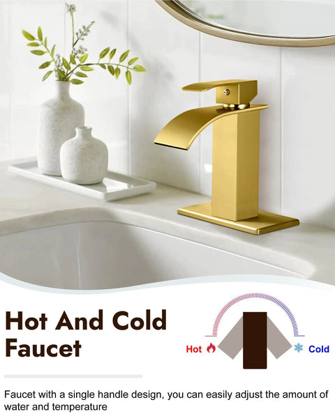 Gold Waterfall Bathroom Faucet With Pop-Up Drain, 304 Stainless Steel Sink Faucet on white countertop, side view