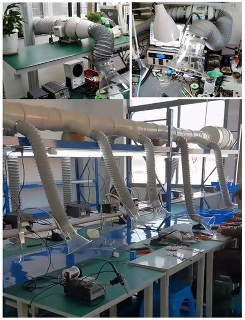 Portable Soldering Fume Extractor With Flexible Nylon Hose And Dual Wing Clamps For Rapid Toxic Smoke Capture in a workshop setup.