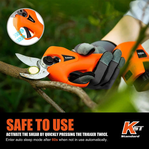 Person using Cordless Battery Powered Pruning Shear With Dual 2Ah Batteries Electric Pruner on a branch, safety features visible